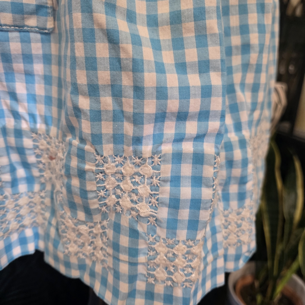 Vintage Blue Gingham Handmade Chicken Scratch Stritched Apron - Picture 4 of 5